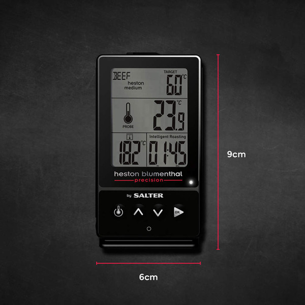 Digital meat thermometer with LCD screen, 6x9cm, showing probe and roasting temperature