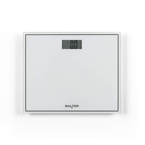 White digital bathroom scale with clear display, Salter branding
