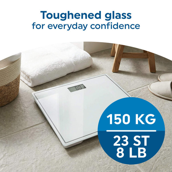 Bathroom scale with toughened glass platform, 150kg max weight
