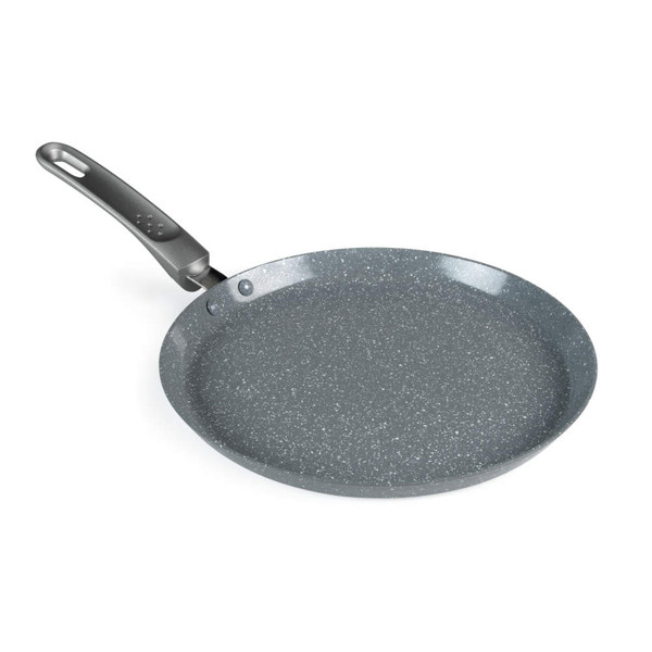 Grey non-stick pancake pan with speckled finish and ergonomic handle