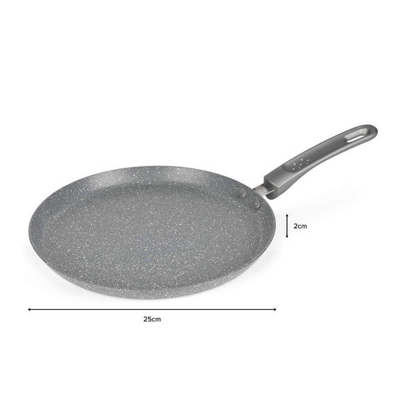 Set of grey non-stick frying pans and saucepan with cooked food, on a kitchen counter