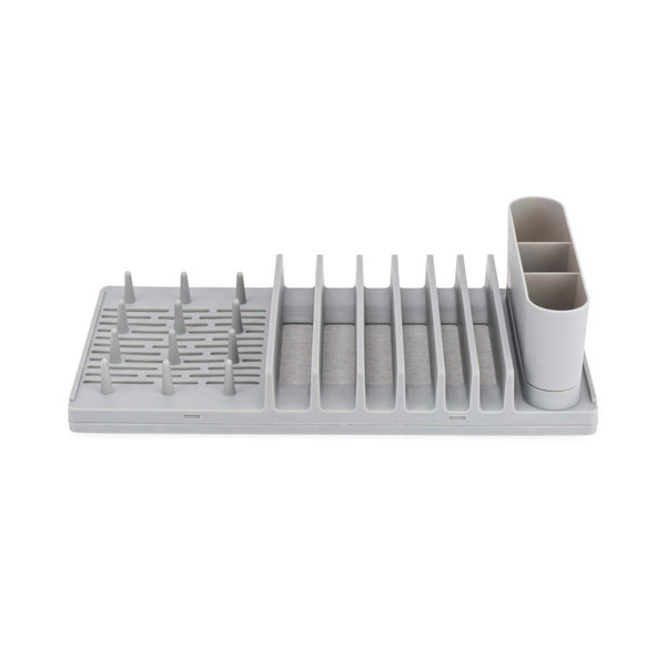 Grey plastic dish rack with utensil holder, shown empty from above.