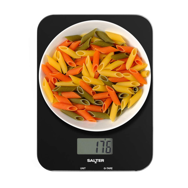 Digital kitchen scale showing 176 grams, with tri-colour penne pasta in a white bowl
