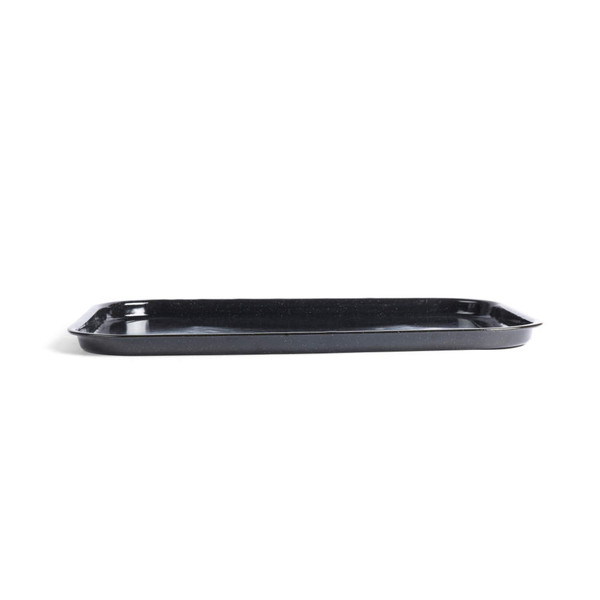 Black enamel rectangular roasting tray, side view