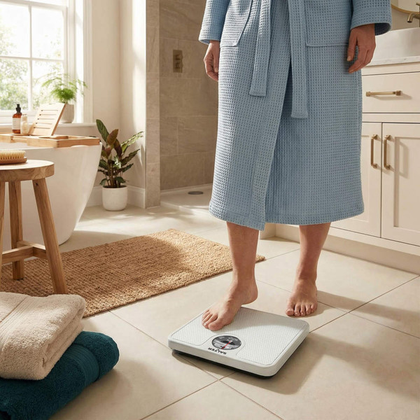 White bathroom scale in use on tiled floor, shown with person in blue robe