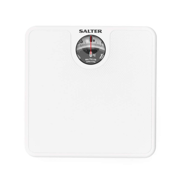 White mechanical bathroom scale showing Salter branding, top-down product photo
