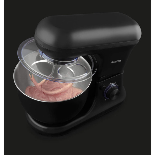 Black Salter stand mixer with dough inside, shown from above