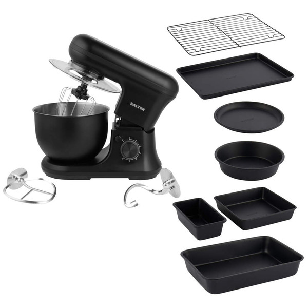 Black stand mixer with stainless steel bowl and 8 baking accessories