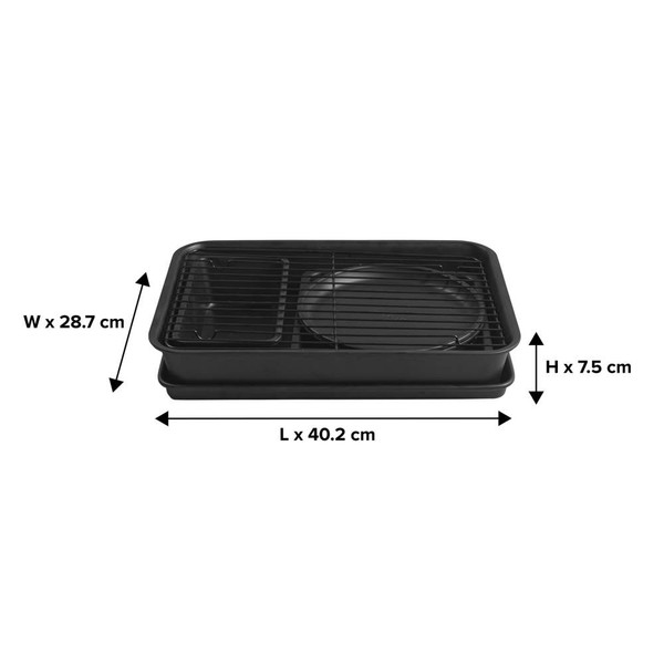 Black roasting tray with rack shown from the side, dimensions labelled: 40.2 x 28.7 x 7.5 cm