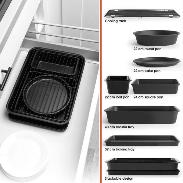 Set of 7 black bakeware pans with cooling rack, stackable design, shown in kitchen drawer