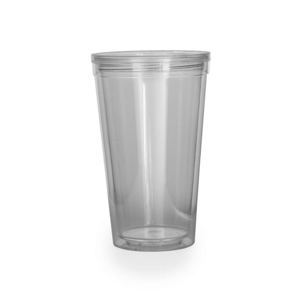 Clear plastic tumbler cup, shown upright on white background