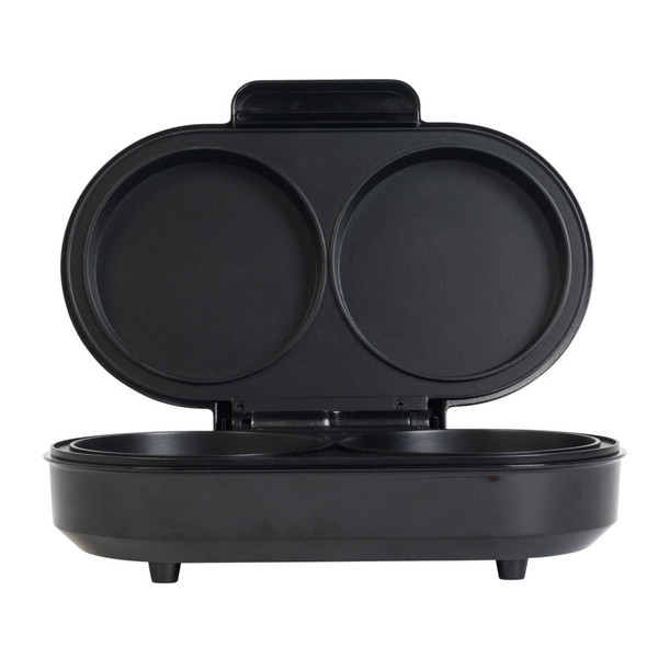 Black electric omelette maker with dual round cooking plates, open and empty