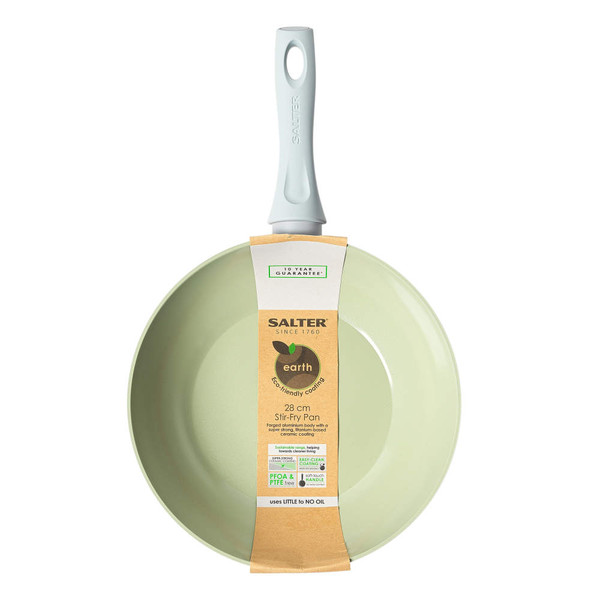 Close up of white Salter frying pan handle with branded engraving