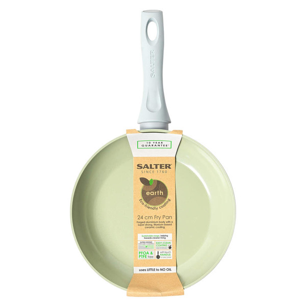 Green non-stick wok with grey handle, shown at angle on white background