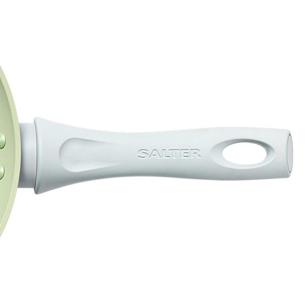 Close up of white Salter frying pan handle with branded engraving