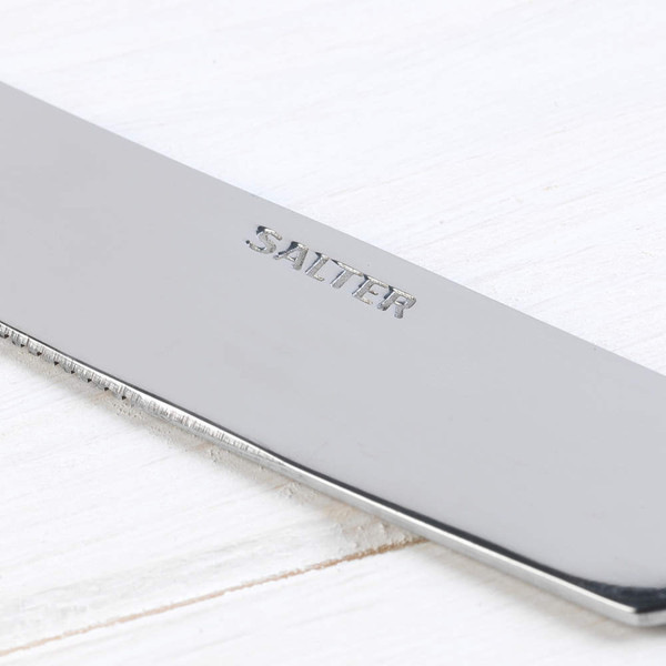 Close-up of Salter branded stainless steel knife blade on white background