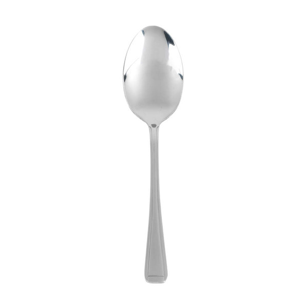 Stainless steel dessert spoon on white background