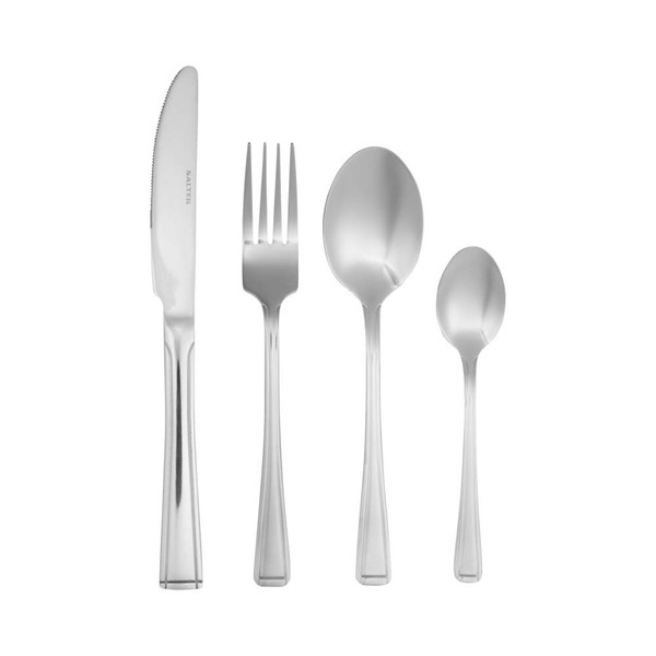 Set of four silver stainless steel cutlery pieces: knife, fork, tablespoon, teaspoon