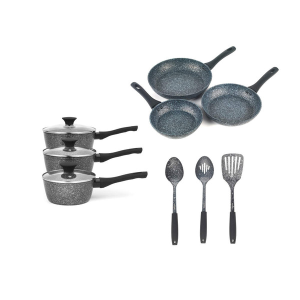 8-piece grey speckled non-stick saucepan, frying pan and utensil set