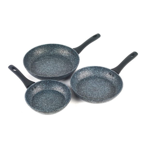 Set of three speckled non-stick frying pans with black handles on white background
