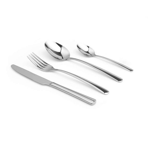 Set of four silver stainless steel cutlery pieces: knife, fork, dessert spoon, teaspoon.