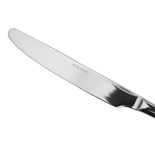 Stainless steel table knife with rounded tip, Salter branding on blade