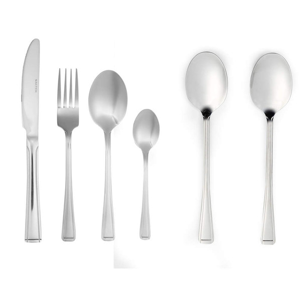 Set of six stainless steel cutlery items including knife, fork, spoons and dessert spoons.