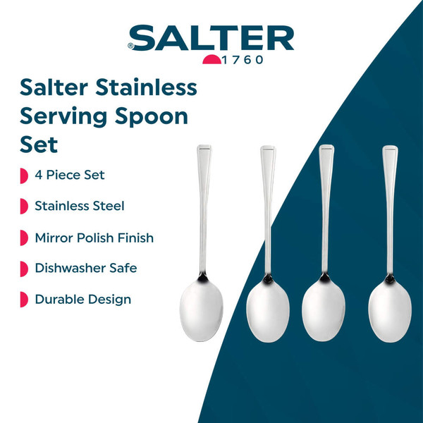Set of four Salter stainless steel serving spoons with mirror polish finish.