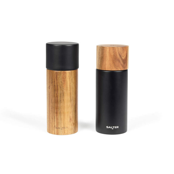 Set of two Salter black and wood effect salt and pepper grinders, upright on white background