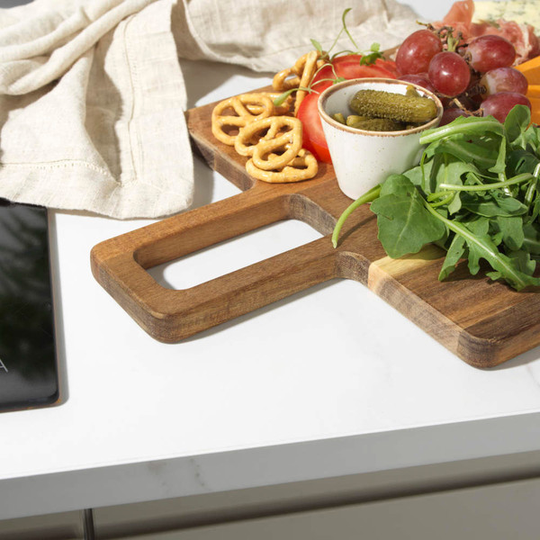 Rectangular wooden serving board with handle, natural brown finish