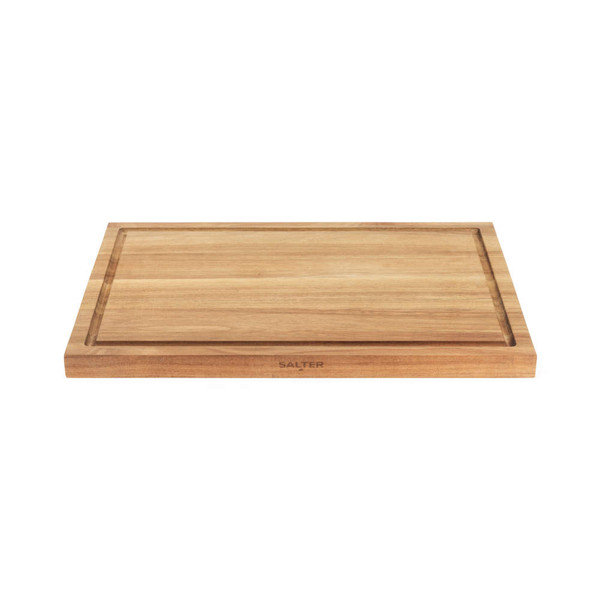 Rectangular wooden chopping board with juice groove, Salter branding visible.