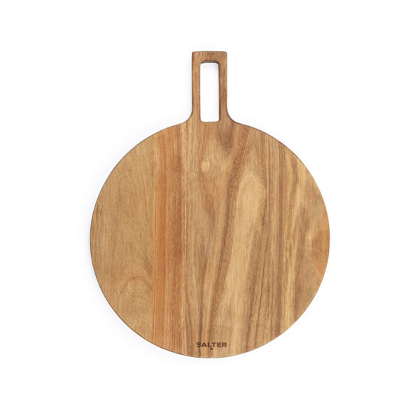 Round acacia wood serving board with handle, Salter logo at base