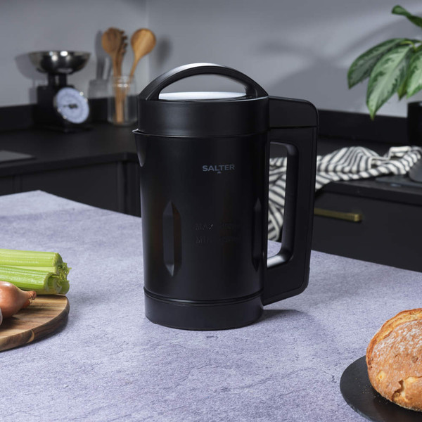Black Salter soup maker jug with handle, shown upright on white background.
