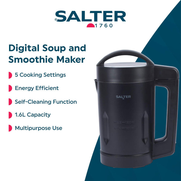 Black Salter soup maker jug with handle, shown upright on white background.