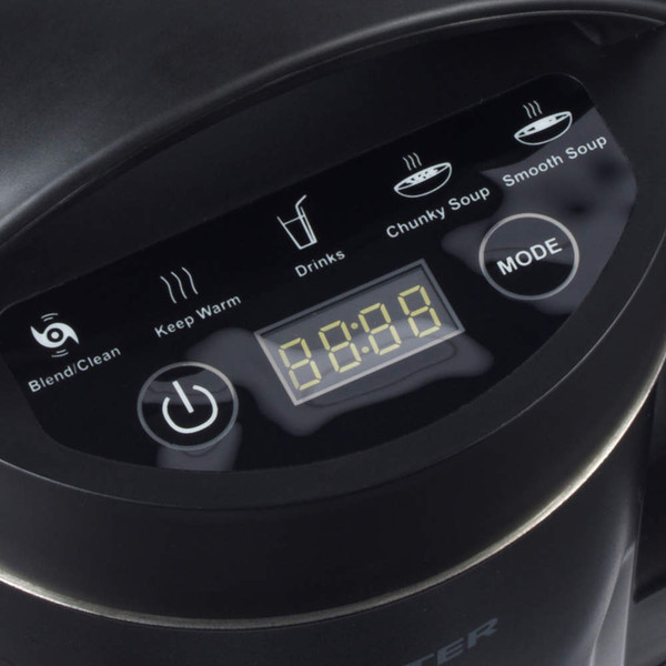Control panel of electric soup maker showing buttons for soup, drinks, and blend/clean options