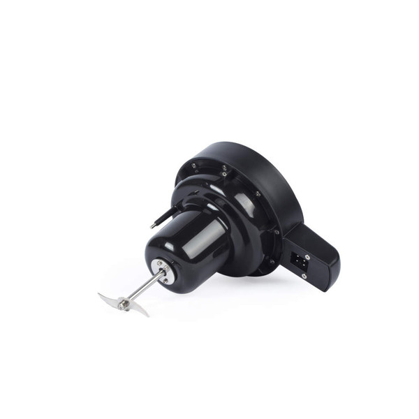 Black electric motor with visible steel blade, shown on white background