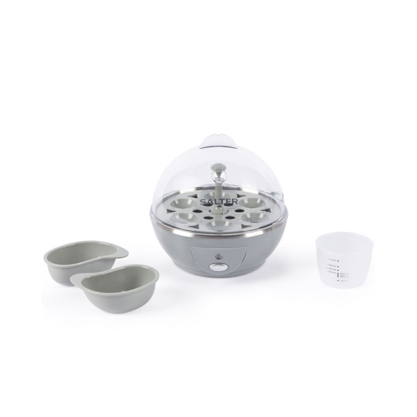 Grey electric egg cooker with clear lid, two poaching trays and measuring cup