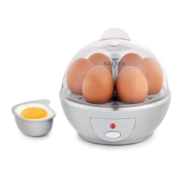 Six egg electric cooker with clear lid and poaching tray, silver finish