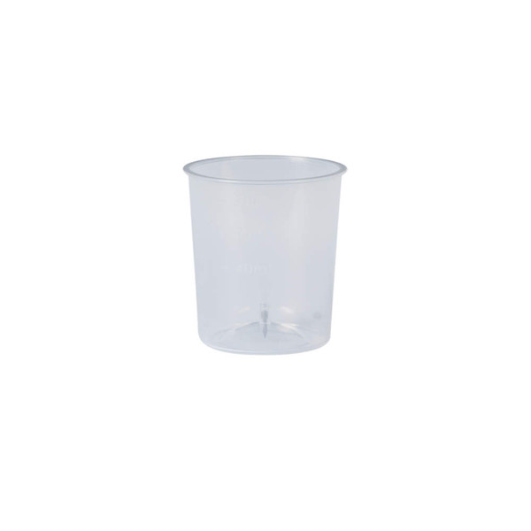 Clear plastic measuring cup, 40ml capacity, shown empty against white background