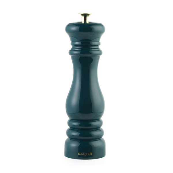 Green wood pepper mill with gold knob, Salter logo at base