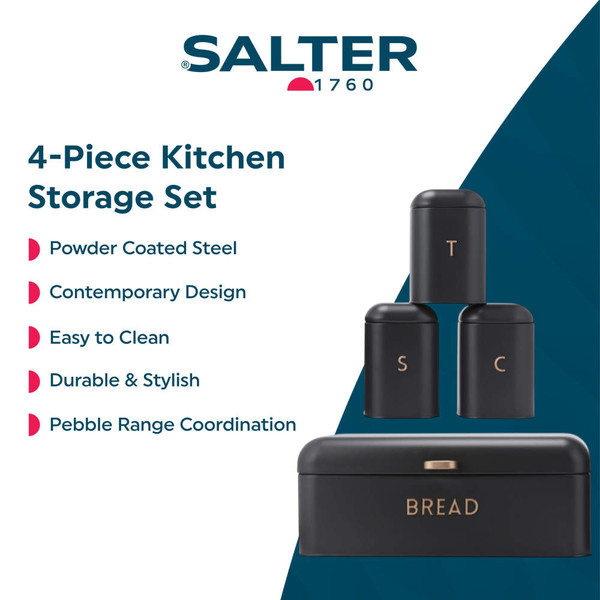 Matte black kettle, toaster, bread bin, and tea caddies on kitchen worktop, styled for UK home.