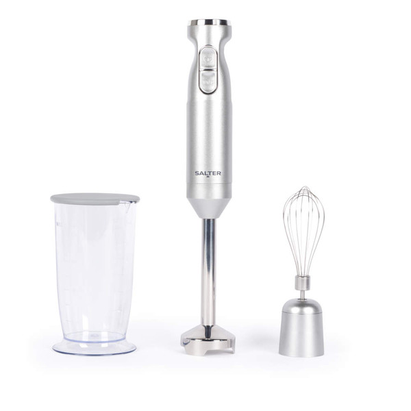 Silver hand blender set with whisk and mixing cup
