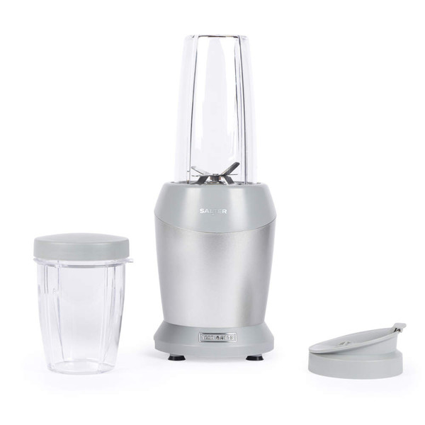 Compact silver blender with two travel cups and lids, ideal for smoothies.