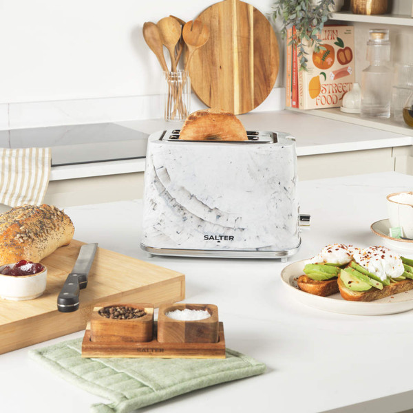 2-slice marble effect toaster with cancel, reheat and defrost buttons, front view