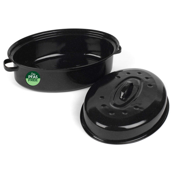 Black oval roasting tin with handles and matching lid, PFAS free label