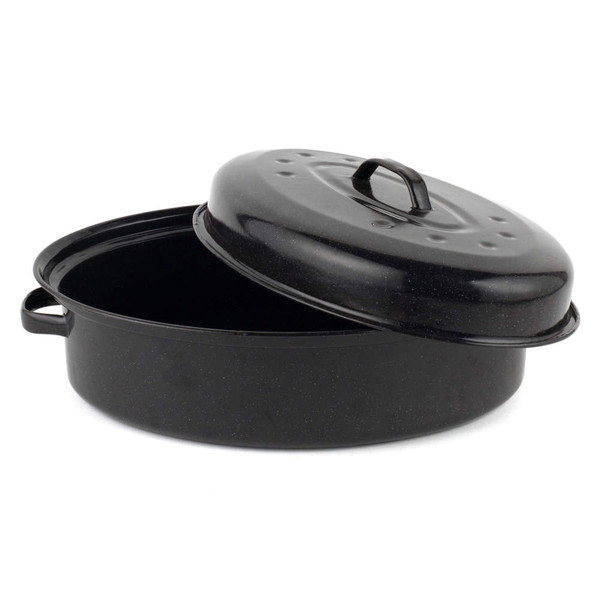 Black oval roasting pan with lid, shown open, suitable for oven cooking.