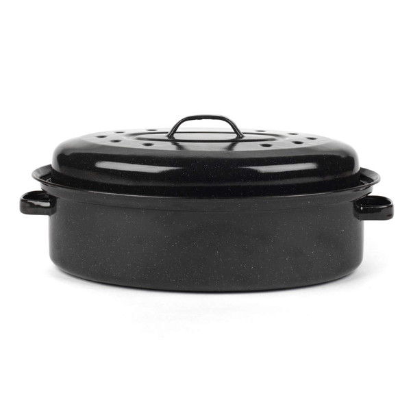 Black oval roasting pan with lid, shown open, suitable for oven cooking.