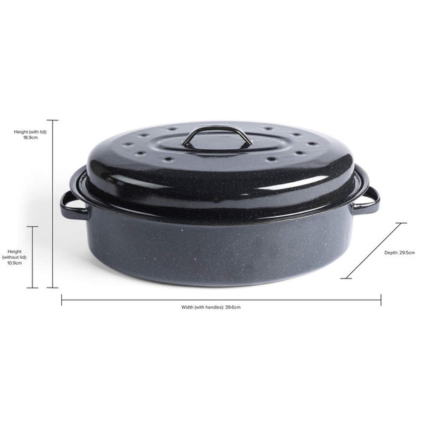Black speckled enamel roasting tin with lid, shown with cooked chicken and roast potatoes