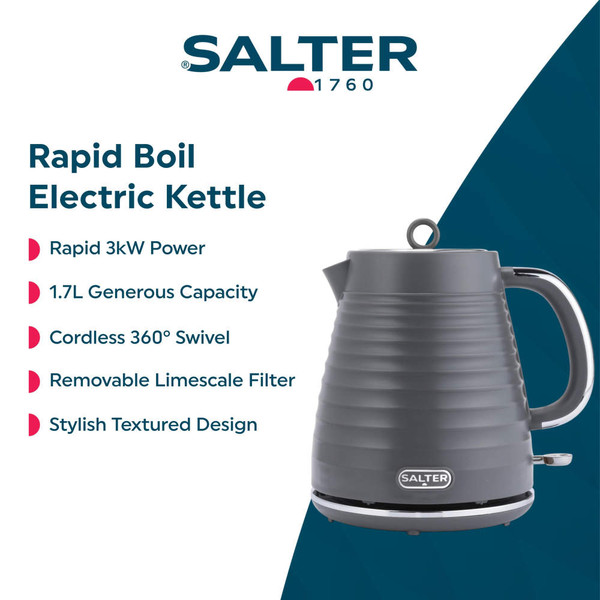 Grey cordless electric kettle with textured design, 1.7L capacity, by Salter.