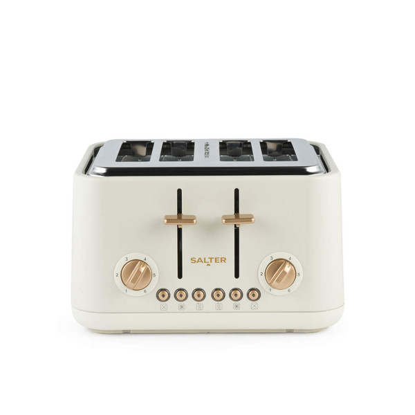 Cream 4-slice toaster with gold controls, front view
